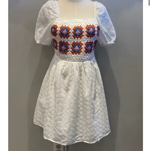 Fate Wht Eyelet Dress w/ Granny Square Crochet Pattern Mini HoboSize Small NWT